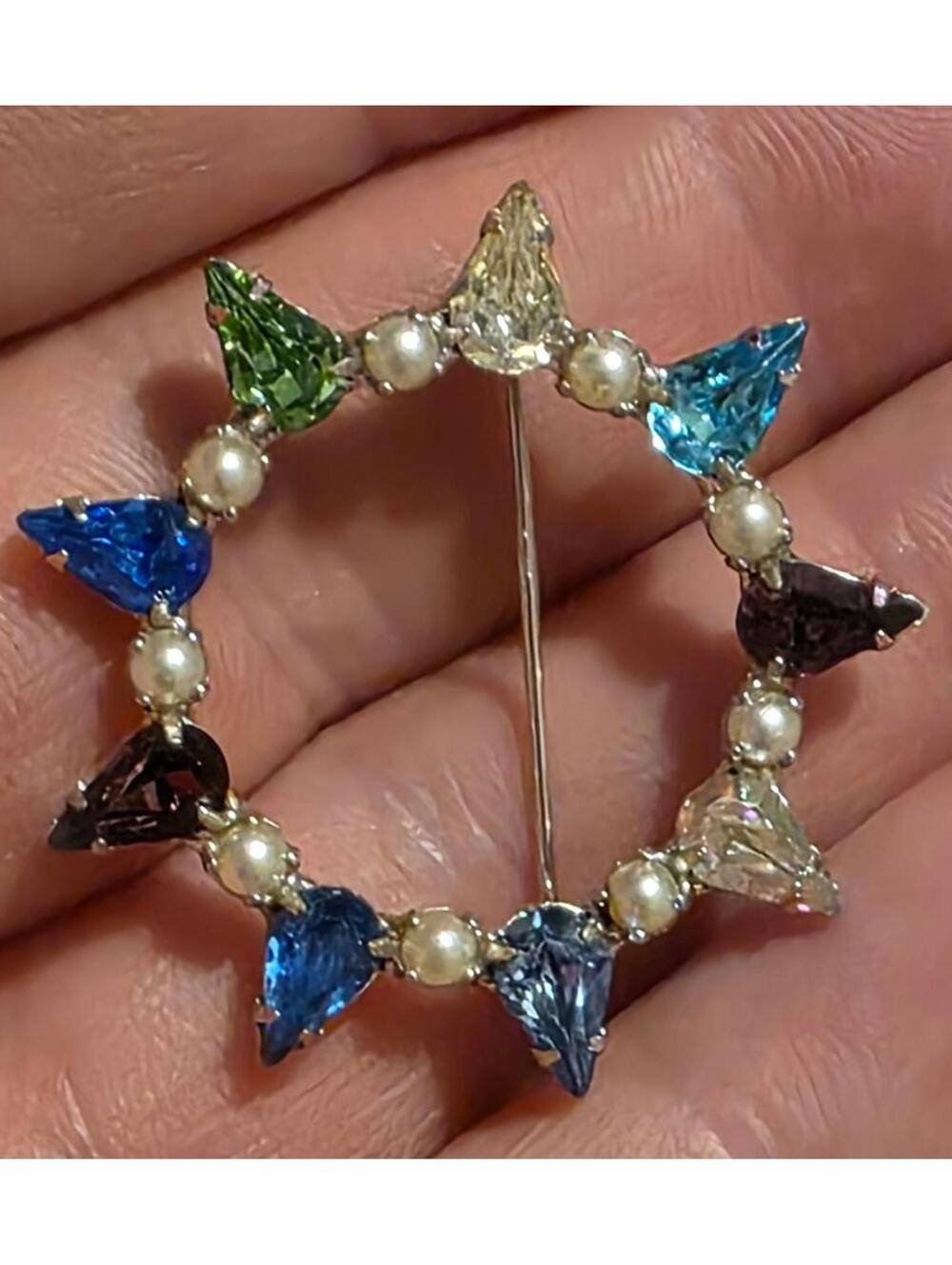 Vintage B. David Multicolor Crystal and Pearl Circle Brooch Pin